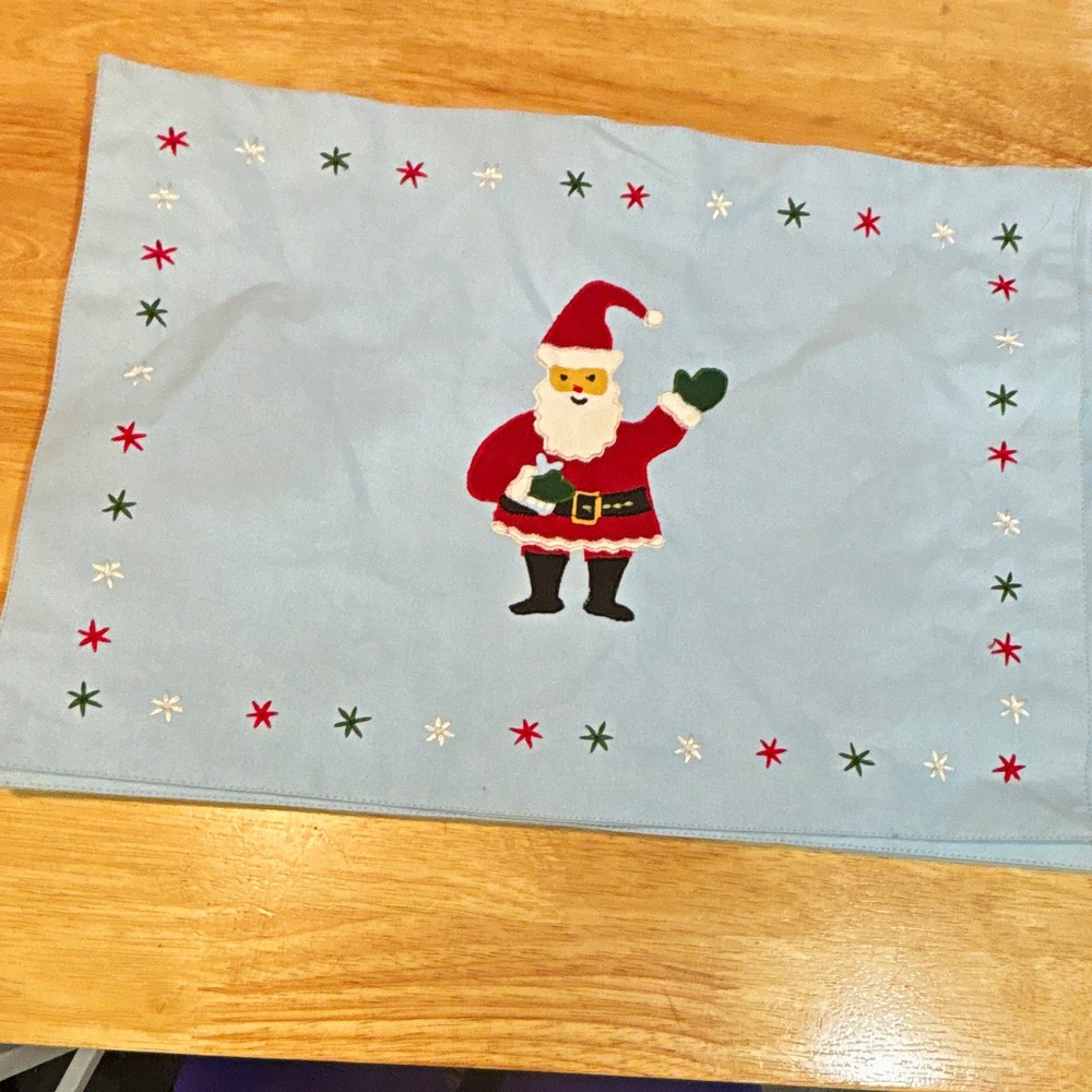 Light Blue Embroidered Santa Claus Christmas Fabric Placemats Set of 4